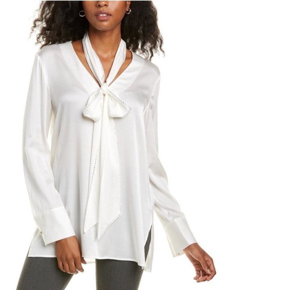 NWOT St. John Diamanté Rhinestone White Tie-Neck Silk Blouse Sz Small